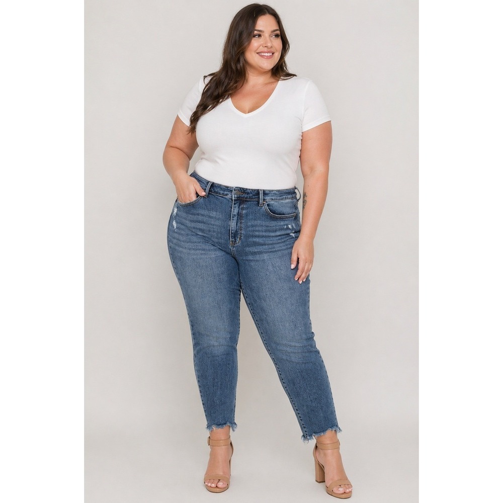 Judy Blue Plus Size 20W Stretch Skinny Fit Distressed Raw Hem Jeans Medium Wash